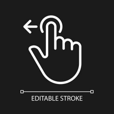 Koyu tema için sol piksel mükemmel beyaz doğrusal simgeye taşı. Dijital cihaz etkileşimi. Kaydır ve kaydır. İnce çizgili çizim. Gece modu için izole edilmiş sembol. Düzenlenebilir felç. Kullanılan Arial yazı tipi