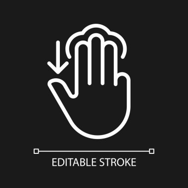 Koyu renk tema için üç parmak aşağı doğru piksel kusursuz beyaz doğrusal simge. Aşağı kaydır. Dokunmatik ekran. İnce çizgili çizim. Gece modu için izole edilmiş sembol. Düzenlenebilir felç. Kullanılan Arial yazı tipi
