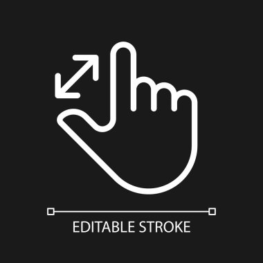 Koyu tema için dokunmatik piksel mükemmel beyaz doğrusal simgeyi yakınlaştır. Büyütme. Görüntüyü büyüt. Navigasyonu göster. İnce çizgili çizim. Gece modu için izole edilmiş sembol. Düzenlenebilir felç. Kullanılan Arial yazı tipi