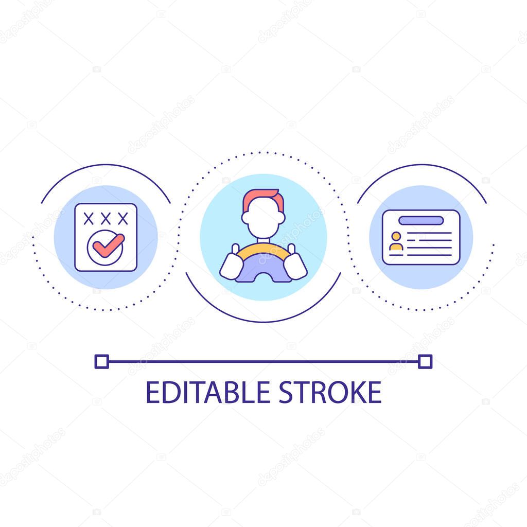 Driving license loop concept icon. Permission to drive car. Personal identification document abstract idea thin line illustration. Isolated outline drawing. Editable stroke. Arial font used