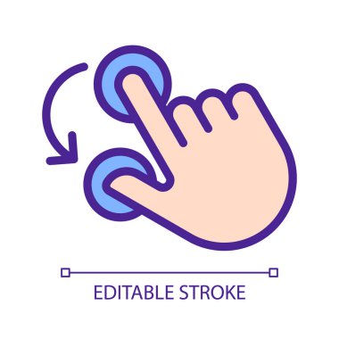 Çift parmak döndürme piksel mükemmel RGB renk simgesi. İki parmağınla tut ve dön. Dokunmatik ekran kontrol hareketi. Beyaz uzayda siluet sembolü. Piktogram sağlammış. Vektör izole illüstrasyonu