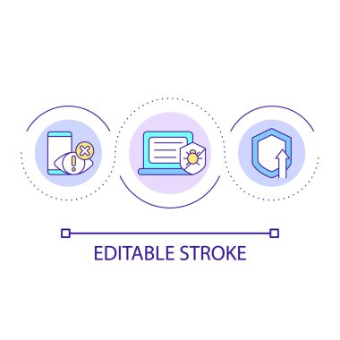 Casus yazılım döngüsü konsepti ikonundan koruma. Siber güvenlik gelişimi. Antivirüs programı soyut fikir ince çizgi çizimi. İzole bir taslak çizim. Düzenlenebilir felç. Kullanılan Arial yazı tipi