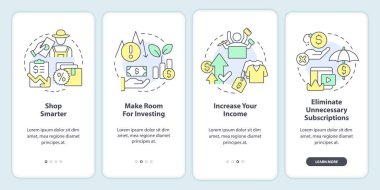 Mobil uygulama ekranında enflasyon için bütçe planlaması. Doğrusal kavramlarla düzenlenebilir grafik yönergelerini dört adımda gözden geçir. UI, UX, GUI şablonu. Kullanılan sayısız Pro-Kalın, Düzenli yazı tipleri