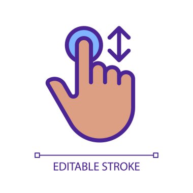 Dikey hareket pikseli kaydırma mükemmel RGB renk simgesi. Aşağı ve yukarı hareket et. Dokunmatik ekran kontrolü. Ekran navigasyonu. Beyaz uzayda siluet sembolü. Piktogram sağlammış. Vektör izole illüstrasyonu