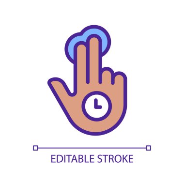 Çift parmaklı jest pikseli mükemmel RGB renk simgesi. İki parmak uzunluğunda musluk. Cihaz navigasyonu. Dokunmatik ekran. Beyaz uzayda siluet sembolü. Piktogram sağlammış. Vektör izole illüstrasyonu