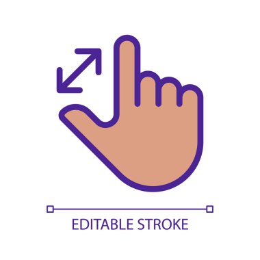 Dokunmatik hareket pikselini yakınlaştır. Mükemmel RGB renk simgesi. Büyütme. Görüntüyü büyüt. Dokunmatik ekran kontrolü. Navigasyonu göster. Beyaz uzayda siluet sembolü. Piktogram sağlammış. Vektör izole illüstrasyonu