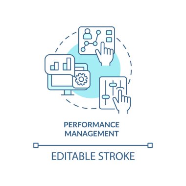 Performans yönetimi turkuaz konsept simgesi. Üretkenlik. Çalışanların verimliliği soyut fikir ince çizgi çizimi. İzole bir taslak çizim. Düzenlenebilir felç. Arial, Myriad Pro-Kalın yazı tipleri