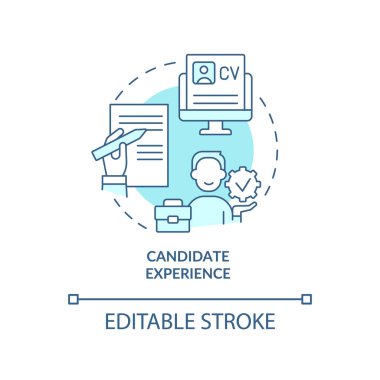 Aday deneyimi turkuaz konsept simgesine devam ediyor. Yeniden gözden geçir. Aday becerileri soyut fikir ince çizgi çizimi. İzole bir taslak çizim. Düzenlenebilir felç. Arial, Myriad Pro-Kalın yazı tipleri