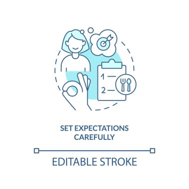 Beklentileri dikkatlice turkuaz konsept simgesi olarak ayarla. Restoran müşteri hizmetleri soyut fikir ince çizgi çizimi. İzole bir taslak çizim. Düzenlenebilir felç. Arial, Myriad Pro-Kalın yazı tipleri