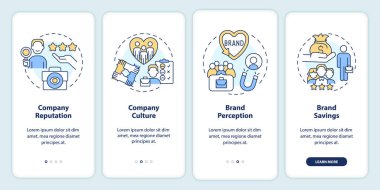 Mobil uygulama ekranında HR markalaştırmanın faydaları. İşverenin markası, doğrusal kavramlarla birlikte düzenlenebilir grafik talimatlarını dört adımda gözden geçirir. UI, UX, GUI şablonu. Kullanılan sayısız Pro-Kalın, Düzenli yazı tipleri