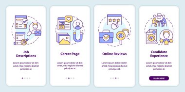 Mobil uygulama ekranında çalışan markalaşma stratejisi. İşe alım, doğrusal kavramlarla düzenlenebilir grafik yönergelerini dört adımda gözden geçirir. UI, UX, GUI şablonu. Kullanılan sayısız Pro-Kalın, Düzenli yazı tipleri