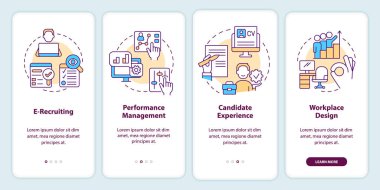 HR metodları mobil uygulama ekranında. İşe alım sistemi, doğrusal kavramlarla birlikte düzenlenebilir grafik talimatlarını dört adımda gözden geçiriyor. UI, UX, GUI şablonu. Kullanılan sayısız Pro-Kalın, Düzenli yazı tipleri