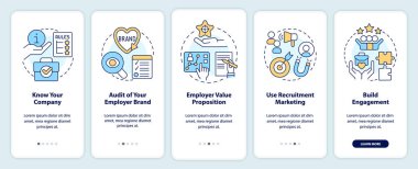 Mobil uygulama ekranında çalışan markalaşma işlemi. HR sistemi, doğrusal kavramlarla birlikte düzenlenebilir grafik talimatlarını 5 adımda gözden geçirir. UI, UX, GUI şablonu. Kullanılan sayısız Pro-Kalın, Düzenli yazı tipleri