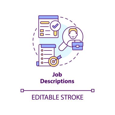 İş tanımı konsept simgesi. Pozisyon gereksinimleri. İş illüstrasyonu, soyut fikir ince çizgili illüstrasyon belgesidir. İzole bir taslak çizim. Düzenlenebilir felç. Arial, Myriad Pro-Kalın yazı tipleri