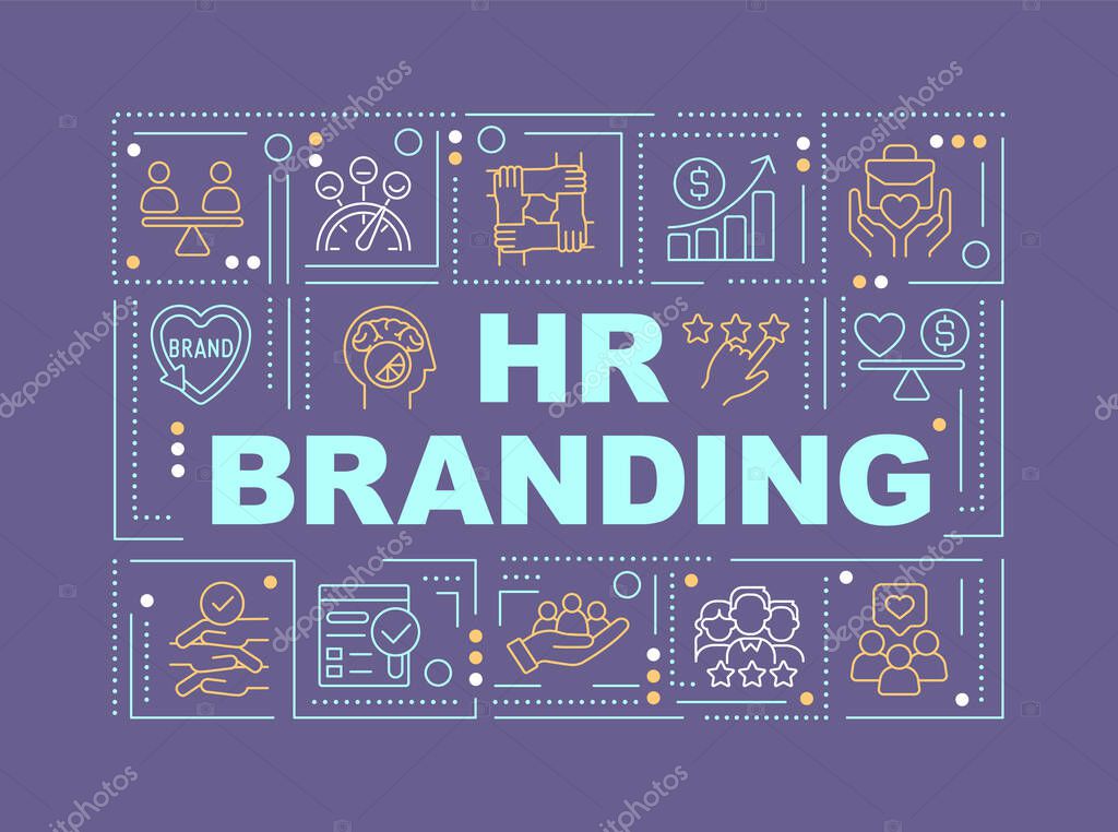 Employer brand word concepts violet banner. Company employment culture. Infographics with editable icons on color background. Isolated typography. Vector illustration with text. Arial-Black font used