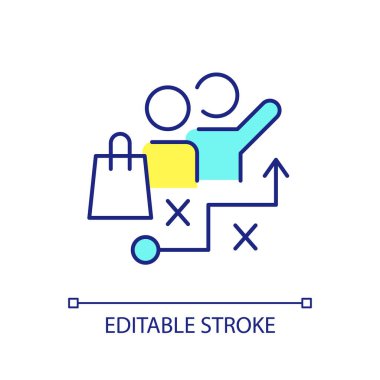 Tüketim büyüme RGB renk simgesi. Müşterileri daha fazla alışveriş yapmaya teşvik ediyor. Alışverişe. İzole vektör çizimi. Basit bir çizgi çizimi. Düzenlenebilir felç. Kullanılan Arial yazı tipi