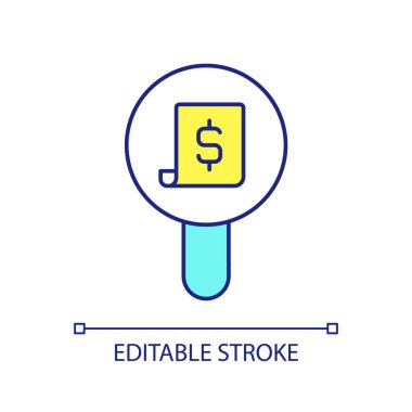 Bill analizi RGB renk simgesi. Mali varlıkların kontrolü. Masraflar ve kazanç denetimi. İzole vektör çizimi. Basit bir çizgi çizimi. Düzenlenebilir felç. Kullanılan Arial yazı tipi