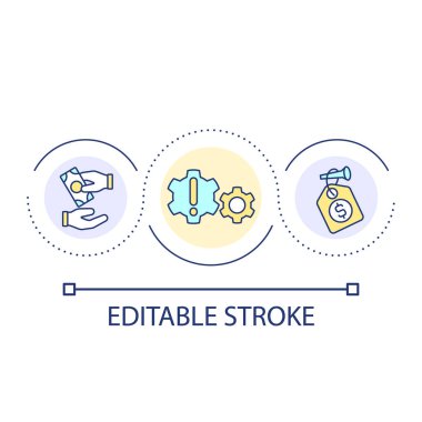Fiyat düzenleme döngüsü konsepti simgesi. Finansal kontrol. Mal almak. Ticari anlaşma. Satış fikri ince çizgi illüstrasyonu. İzole bir taslak çizim. Düzenlenebilir felç. Kullanılan Arial yazı tipi