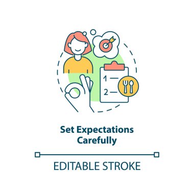 Beklentileri dikkatlice konsept simgesi yap. Restoran müşteri hizmetleri soyut fikir ince çizgi çizimi. Gerçekçi hedefler. İzole bir taslak çizim. Düzenlenebilir felç. Arial, Myriad Pro-Kalın yazı tipleri