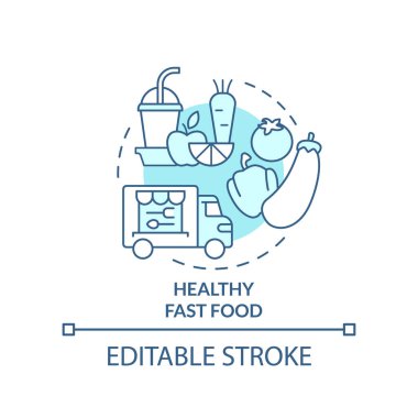 Sağlıklı fast food türkuaz konsept ikonu. Küçük işletme fikirlerinin soyut ve ince çizgiler çizilmesini talep ediyoruz. İzole bir taslak çizim. Düzenlenebilir felç. Arial, Myriad Pro-Kalın yazı tipleri kullan