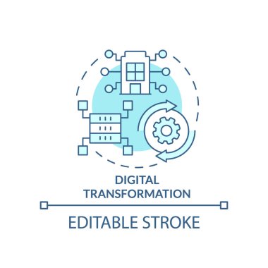 Dijital dönüşüm turkuaz konsept simgesi. IT modernizasyonu. İş trendi soyut fikir ince çizgi çizimi. İzole bir taslak çizim. Düzenlenebilir felç. Arial, Myriad Pro-Kalın yazı tipleri kullan