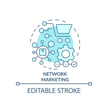 Ağ pazarlama turkuaz konsept simgesi. Pazarlama modeli. Yeni ortaya çıkan iş trendi soyut fikir ince çizgi çizimi. İzole bir taslak çizim. Düzenlenebilir felç. Arial, Myriad Pro-Kalın yazı tipleri kullan