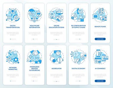 Mobil uygulama ekranındaki iş eğilimleri mavi. Ticari gezinti 5 adım düzenlenebilir grafik yönergeler doğrusal kavramlarla. UI, UX, GUI şablonu. Kullanılan sayısız Pro-Kalın, Düzenli yazı tipleri