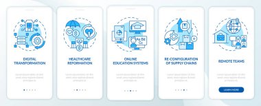 Mobil uygulama ekranında iş trendi mavi. Dijitalleştirme. Doğrusal kavramlarla düzenlenebilir grafik yönergelerini 5 adımda gezdir. UI, UX, GUI şablonu. Kullanılan sayısız Pro-Kalın, Düzenli yazı tipleri