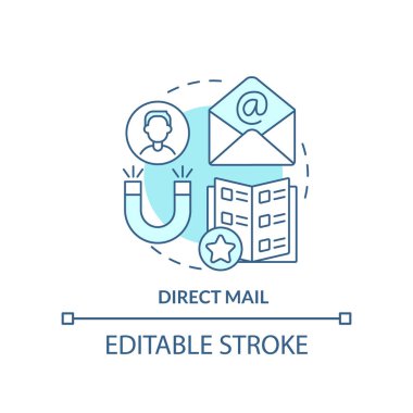 Doğrudan posta turkuaz konsept simgesi. Mektuplar ve teklifler. Hedef pazarlama tipi soyut fikir ince çizgi çizimi. İzole bir taslak çizim. Düzenlenebilir felç. Arial, Myriad Pro-Kalın yazı tipleri