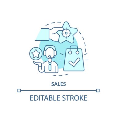 Satış turkuaz konsept ikonu. Telefonla anlaşalım. Tele pazarlama faaliyetleri soyut fikir ince çizgili illüstrasyonlar. İzole bir taslak çizim. Düzenlenebilir felç. Arial, Myriad Pro-Kalın yazı tipleri
