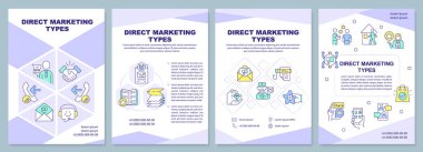 Doğrudan pazarlama türleri mor broşür şablonu. Reklamlar. Çizgisel simgeli broşür tasarımı. Sunum için düzenlenebilir 4 vektör düzeni, yıllık raporlar. Arial-Black, Kullanılan Myriad Pro-Normal yazı tipleri