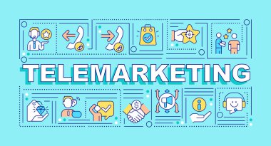 Tele pazarlama kelimesi turkuaz pankart kavramını içeriyor. Telefon satış stratejisi. Renk arkaplanında düzenlenebilir simgelere sahip bilgi grafikleri. İzole tipografi. Metinli vektör illüstrasyonu. Kullanılan Arial-Black yazı tipi