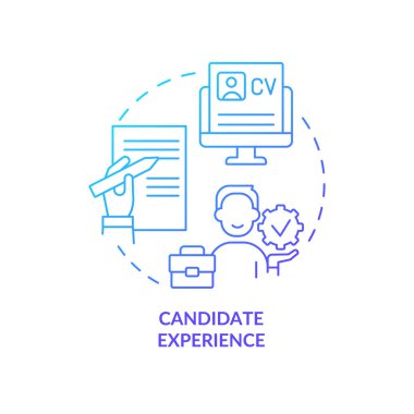 Aday deneyimi mavi gradyan konsept simgesine devam ediyor. Profesyonel CV başvurusu. İş arayan beceriler soyut fikir ince çizgi çizimi. İzole bir taslak çizim. Kullanılan sayısız Pro-Kalın yazı tipi