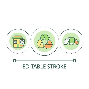 Atık geri dönüşüm merkezi döngü konsepti simgesi. Çöp öğütme servisi. Çöp yönetimi soyut fikir ince çizgi çizimi. İzole bir taslak çizim. Düzenlenebilir felç. Kullanılan Arial yazı tipi