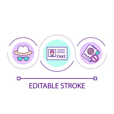 Kimlik belgesi sahteciliği kavramı simgesi. Sahte pasaport ve kimlik. Suç ve dolandırıcılık. Yasadışı göç soyut fikir ince çizgi çizimi. İzole bir taslak çizim. Düzenlenebilir felç. Kullanılan Arial yazı tipi