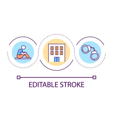 Hapsedilme döngüsü konsepti simgesi. Suçlanıyor ve gözaltına alınıyor. Hapsedilme. Soyut fikir ince çizgili illüstrasyonu tutukla. İzole bir taslak çizim. Düzenlenebilir felç. Kullanılan Arial yazı tipi