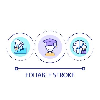 Öğrenci ilerleme döngüsü konsepti simgesi. Öğrencinin entellektüel gelişimi. İlköğretim fikri soyut ince çizgi çizimi. İzole bir taslak çizim. Düzenlenebilir felç. Kullanılan Arial yazı tipi