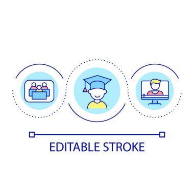 Uzaktan eğitim döngüsü konsepti. Çocuklar için online dersler. Soyut fikirleri öğrenmek ve incelenmek ince çizgi çizimleri. İzole bir taslak çizim. Düzenlenebilir felç. Kullanılan Arial yazı tipi