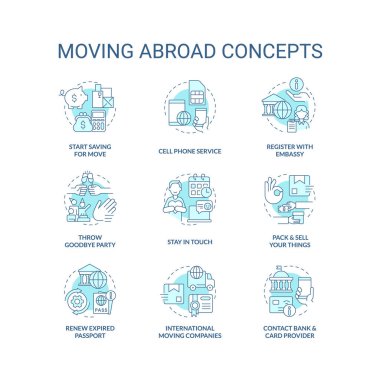 Moving abroad turquoise concept icons set. Before travel overseas tips. Relocating idea thin line color illustrations. Isolated symbols. Editable stroke. Roboto-Medium, Myriad Pro-Bold fonts used clipart