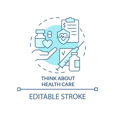 Sağlık hizmeti turkuaz konsept ikonunu düşünün. Uluslararası sağlık sigortası fikri soyut ince çizgi çizimi. İzole bir taslak çizim. Düzenlenebilir felç. Arial, Myriad Pro-Kalın yazı tipleri