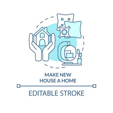 Yeni ev yapımı turkuaz konsept ikonu yap. Taşınma sonrası rahat hissedin soyut fikir ince çizgi çizimi. İzole bir taslak çizim. Düzenlenebilir felç. Arial, Myriad Pro-Kalın yazı tipleri