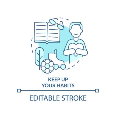 Turkuaz konsept ikonuna devam et. Hobiler ve aktiviteler. Yurtdışında kendinizi rahat hissedin soyut fikir ince çizgi çizimi. İzole bir taslak çizim. Düzenlenebilir felç. Arial, Myriad Pro-Kalın yazı tipleri