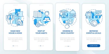 Combat homesickness tips blue onboarding mobile app screen. Abroad walkthrough 4 steps editable graphic instructions with linear concepts. UI, UX, GUI template. Myriad Pro-Bold, Regular fonts used clipart