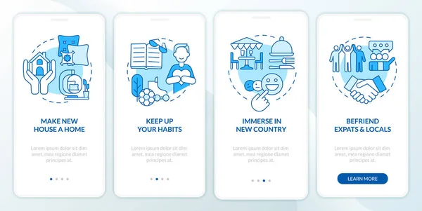 Combat Homesickness Tips Blue Onboarding Mobile App Screen Abroad Walkthrough — Stock Vector