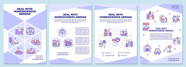 Deal with homesickness abroad purple brochure template. Expat. Leaflet design with linear icons. Editable 4 vector layouts for presentation, annual reports. Arial-Black, Myriad Pro-Regular fonts used