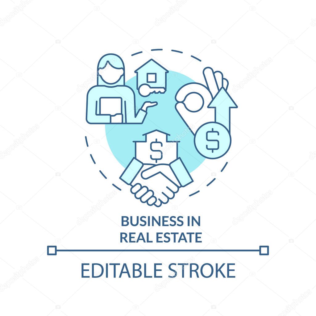Business in real estate turquoise concept icon. Future business trend abstract idea thin line illustration. Isolated outline drawing. Editable stroke. Arial, Myriad Pro-Bold fonts use