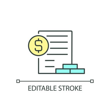 Finansal rapor RGB renk simgesi. İş belgeleri. Finans yönetimi. Bütçe ve planlama. İzole vektör çizimi. Basit bir çizgi çizimi. Düzenlenebilir felç. Kullanılan Arial yazı tipi