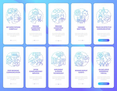 Restoran gradyan mobil uygulama ekran setindeki mükemmel müşteri hizmeti. Çizgisel kavramlarla birlikte 5 adım grafik talimatı. UI, UX şablonu. Kullanılan sayısız Pro-Kalın, Düzenli yazı tipleri