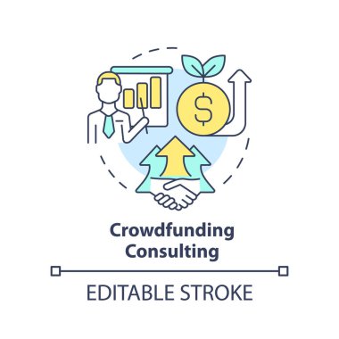 Kitle fonlama danışmanlık konsepti ikonu. Yatırımcı bul. Küçük işletme fikirlerinin soyut ve ince çizgiler çizilmesini talep ediyoruz. İzole bir taslak çizim. Düzenlenebilir felç. Arial, Myriad Pro-Kalın yazı tipleri kullan