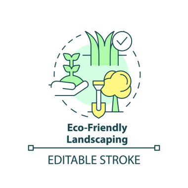 Çevre dostu peyzaj konsepti ikonu. Bitkiler bakım hizmeti. Yeşil iş fikri soyut fikir ince çizgi çizimi. İzole bir taslak çizim. Düzenlenebilir felç. Arial, Myriad Pro-Kalın yazı tipleri kullan